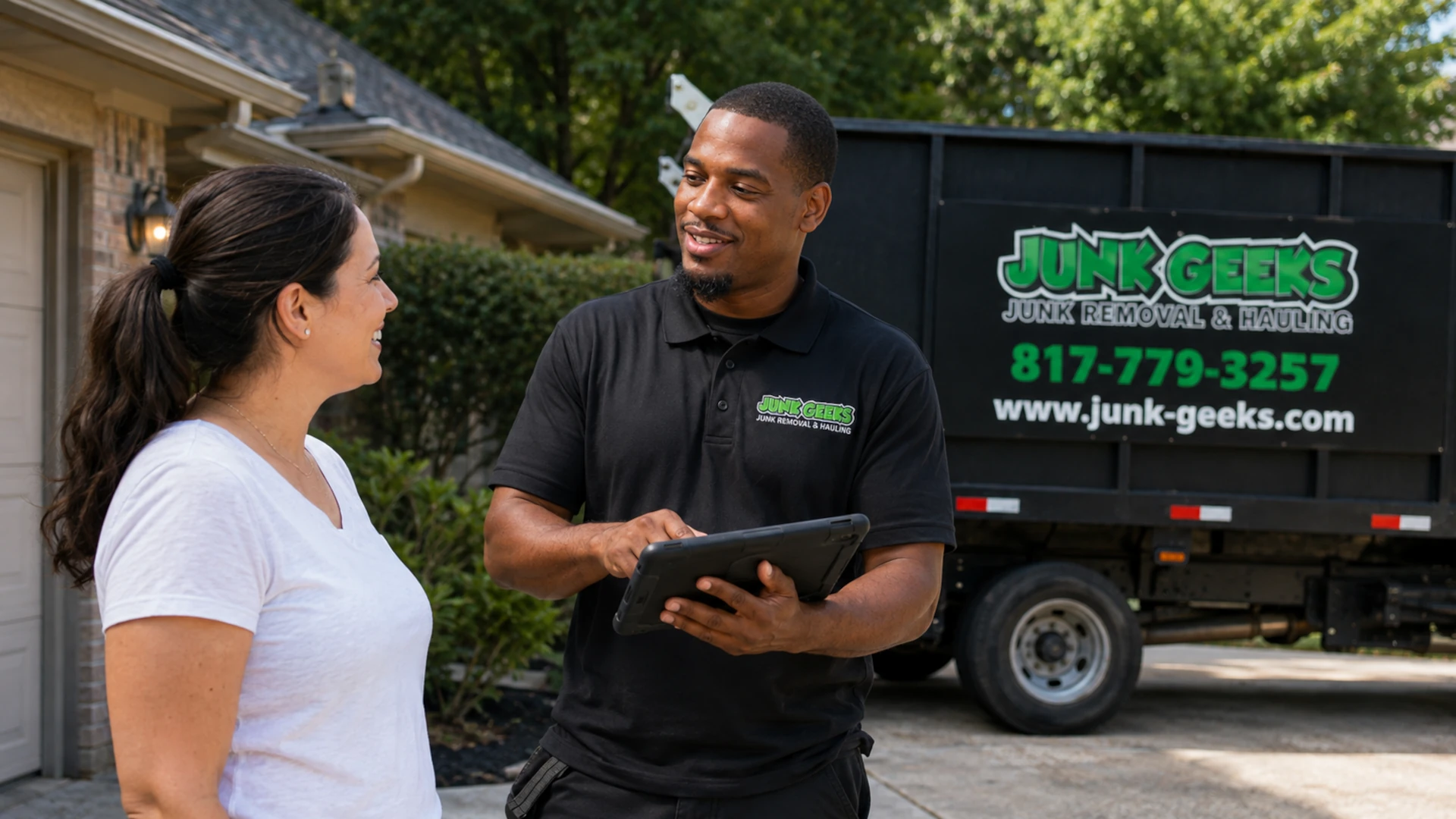 Junk Geeks staff with customer