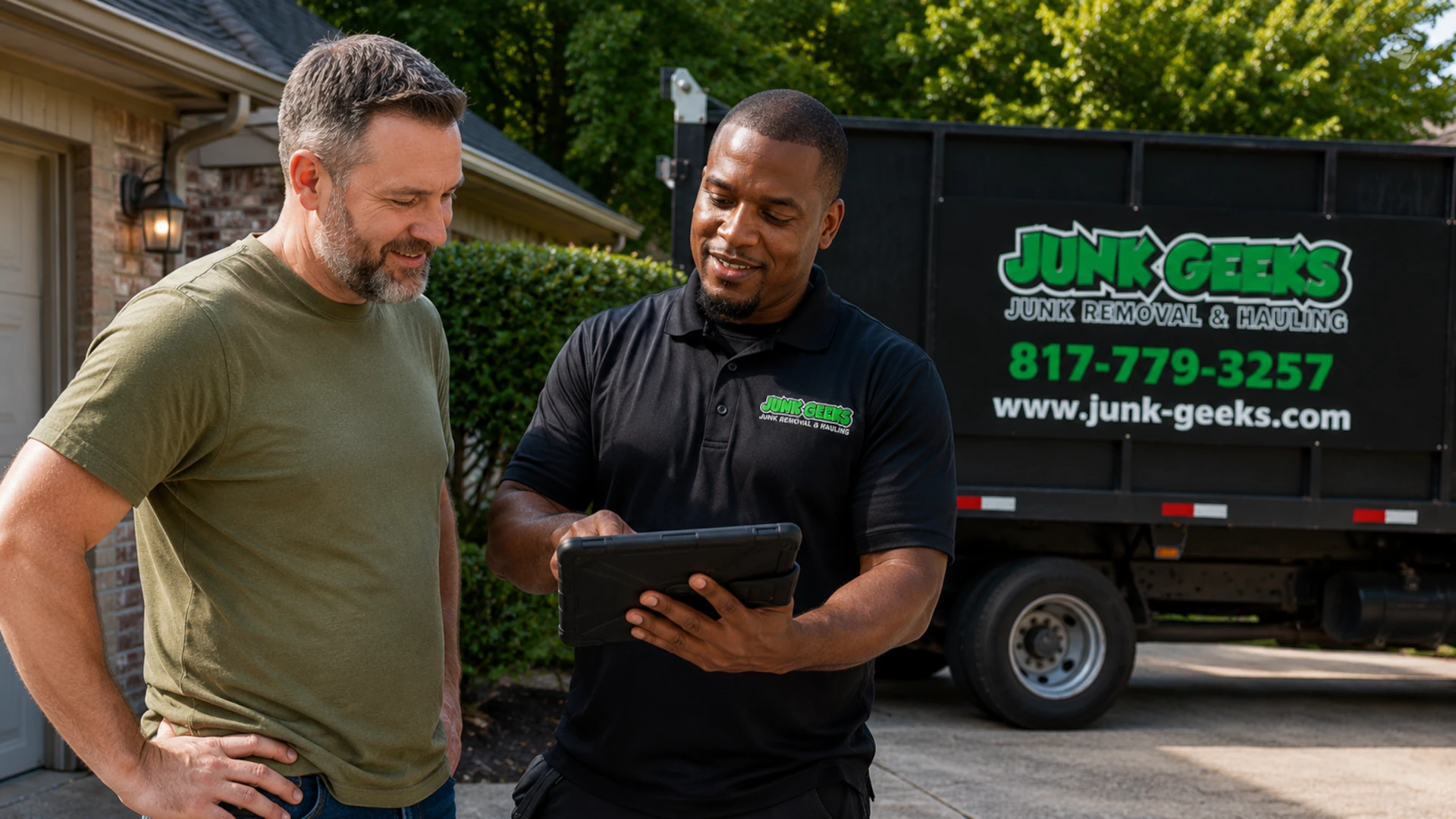 Junk Geeks staff with customer
