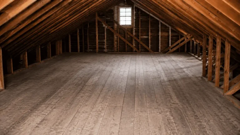 Same attic after cleanout, cleared down to bare floorboards
