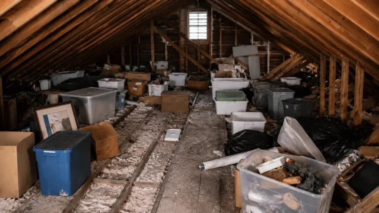 Attic crowded with storage bins, boxes and bags across the floor joists before cleanout