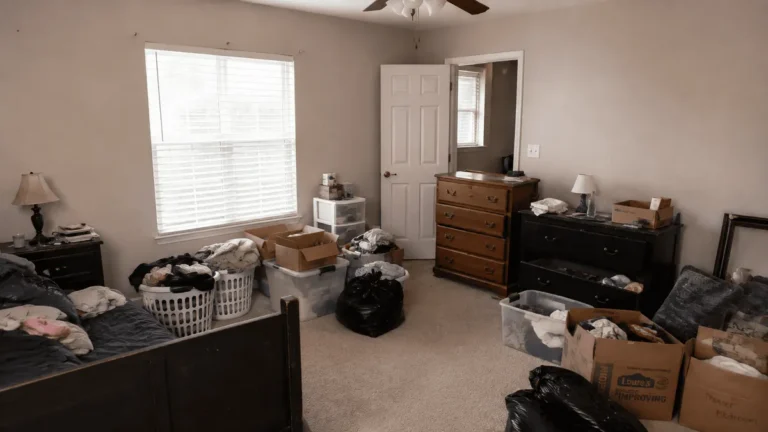 Bedroom with bags of clothes, laundry baskets and boxes on the floor before cleanout