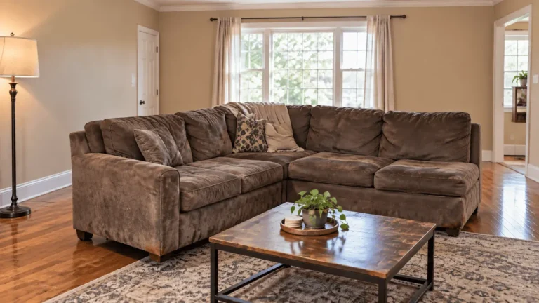 Brown sectional sofa in a living room before removal
