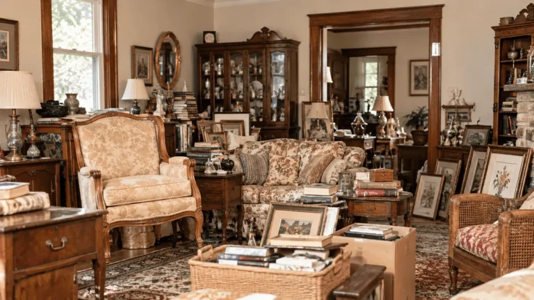 Estate living room filled with antique furniture, framed art and boxes before cleanout