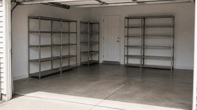 Same garage after the Junk Geeks Junk Removal cleanout with empty shelving and a clear floor