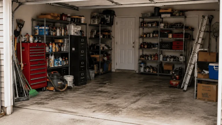 Garage before cleanout with shelves of paint cans, a red tool chest and equipment