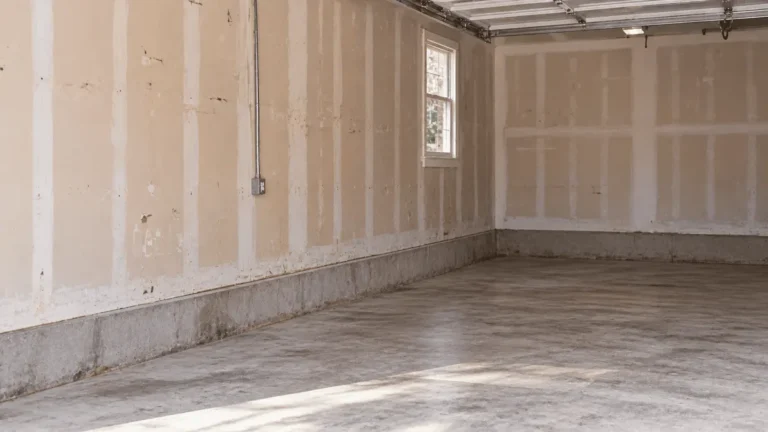 Same garage after clutter and shelving removal, cleared to bare walls and floor