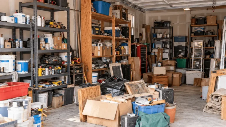 Garage shelving packed with bins, tools and supplies, with boxes stacked on the floor