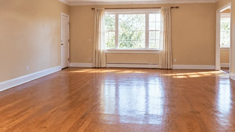 Same room after the hoarding cleanout, empty with clean hardwood floors