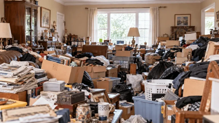 Living room piled with boxes, bags, papers and furniture before a hoarding cleanout