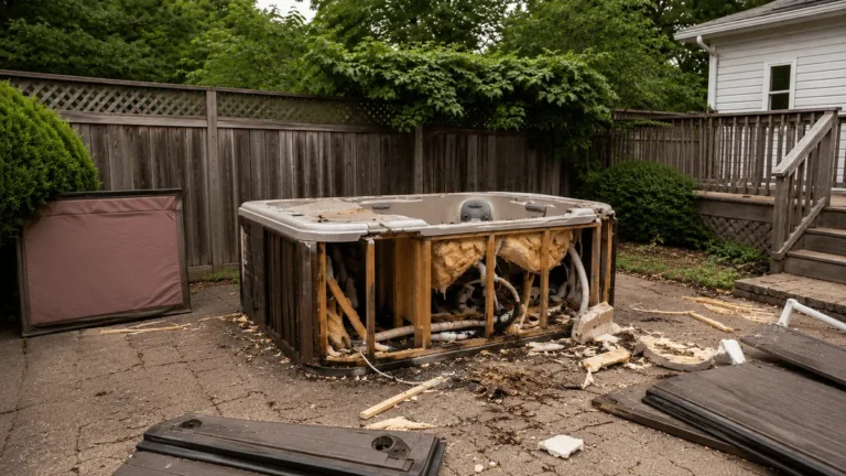 Partly dismantled hot tub on a backyard patio before removal