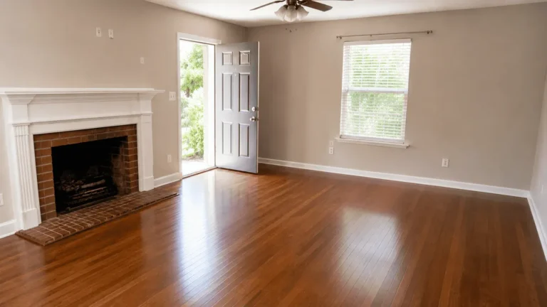 Same living room after cleanout, empty with clean hardwood floors