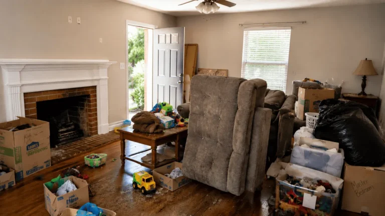 Living room with a recliner, boxes, toys and trash bags before cleanout