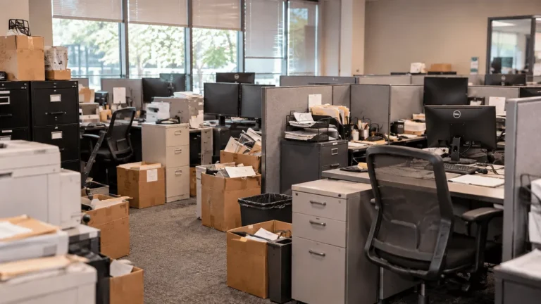 Office with cubicles, desks, chairs and filing cabinets before furniture removal