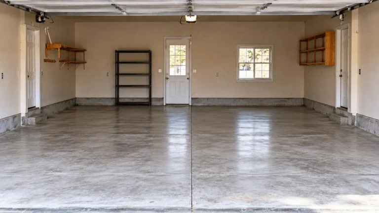 Same two-car garage after the cleanout with a clear concrete floor