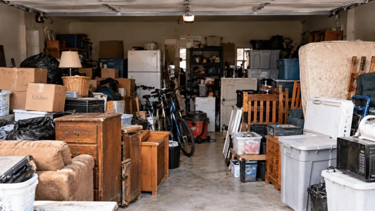 Two-car garage packed with furniture, boxes, a bike and a mattress before cleanout