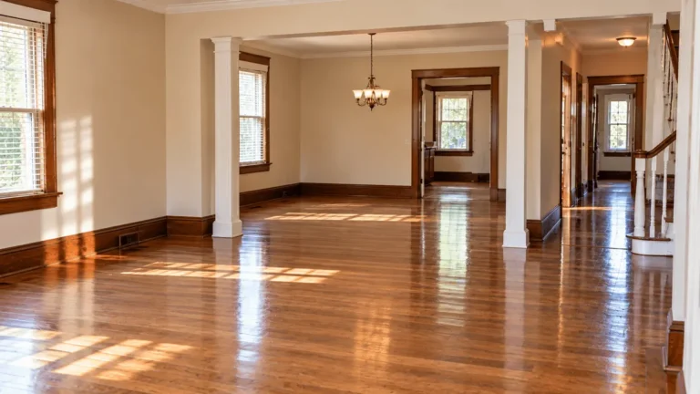 Same rooms after the whole-home cleanout, empty with hardwood floors