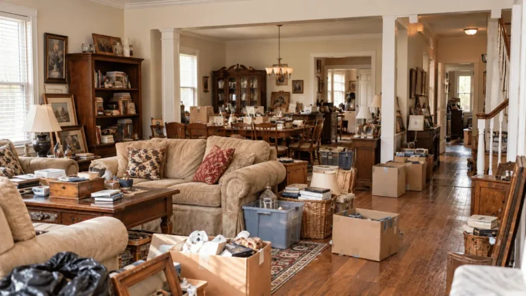 Living and dining rooms full of furniture and boxes before a whole-home cleanout