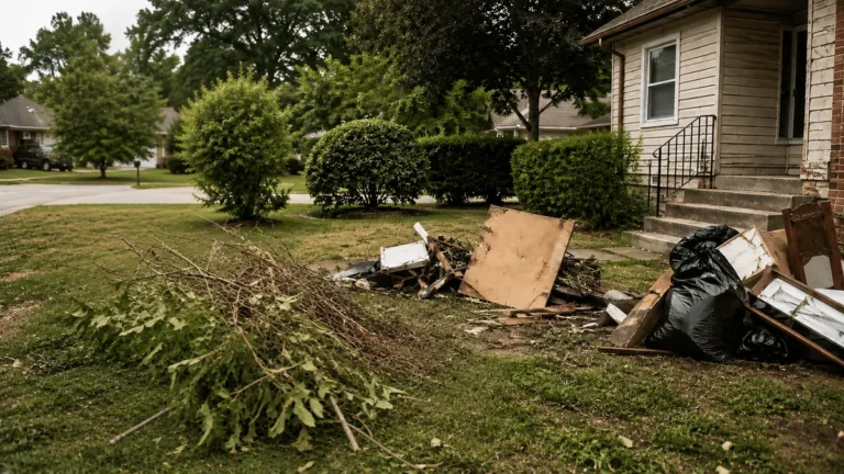 Front yard with a pile of branches, boards and trash bags before junk removal